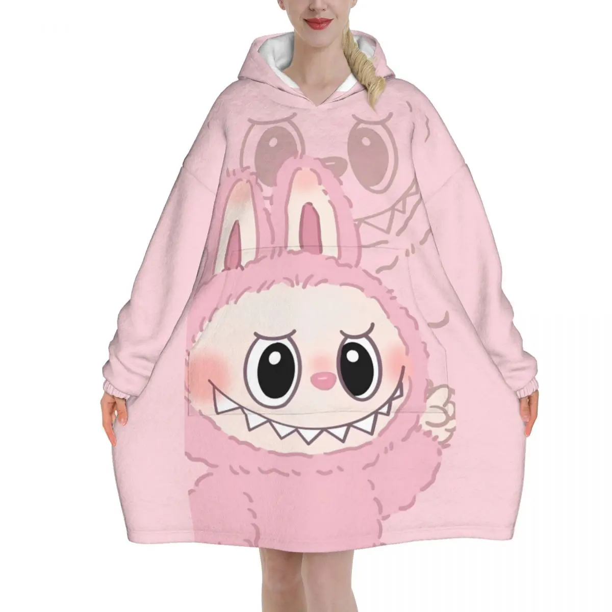 Labubu Funny Cartoon Oversized Blanket Hoodie Sweatshirt Long Fleece Hooded Wearable Blanket with Large Pocket for Women Men