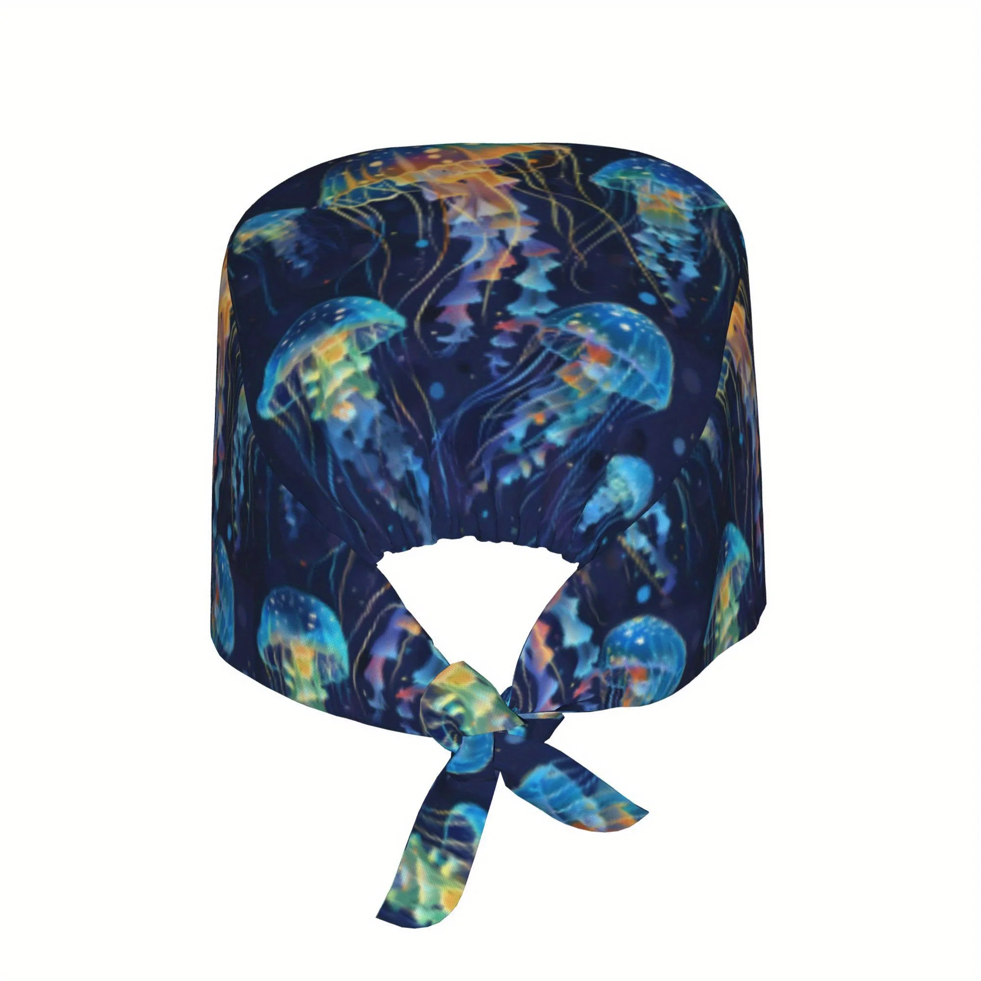 1pc Women'S Stylish Jellyfish Print Work Cap - Lightweight, Adjustable, Tie-Back Nurse Hat, Dustproof Chef & Cooking Cap, Comfor