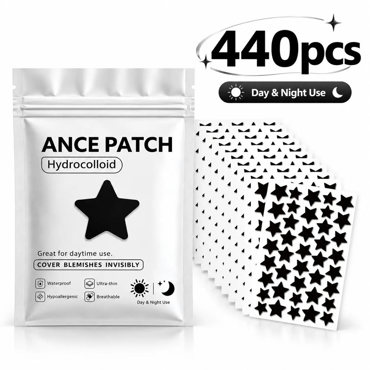 440PCS Black Star Pimple Patches, Cute Hydrocolloid Acne Patch Stickers, Fun Shape Beauty Accessories for Daily Use
