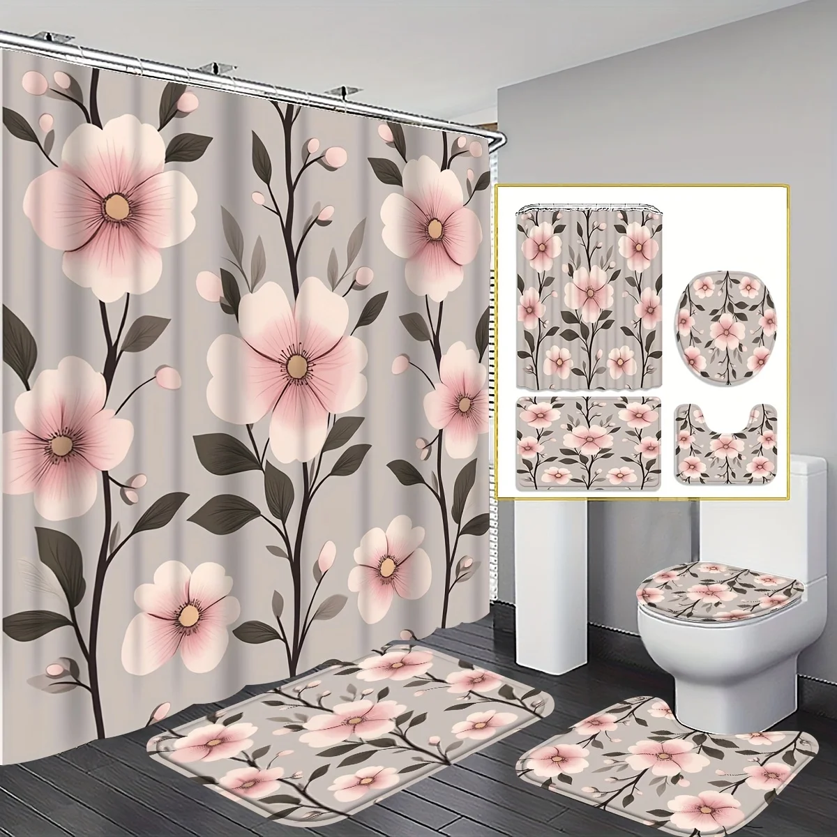 

4 шт. Спальный гарнитур с розовым цветочным узором, полиэфирная ткань, U-образный коврик, чехол на сиденье унитаза, нескользящий коврик, занавеска для душа.