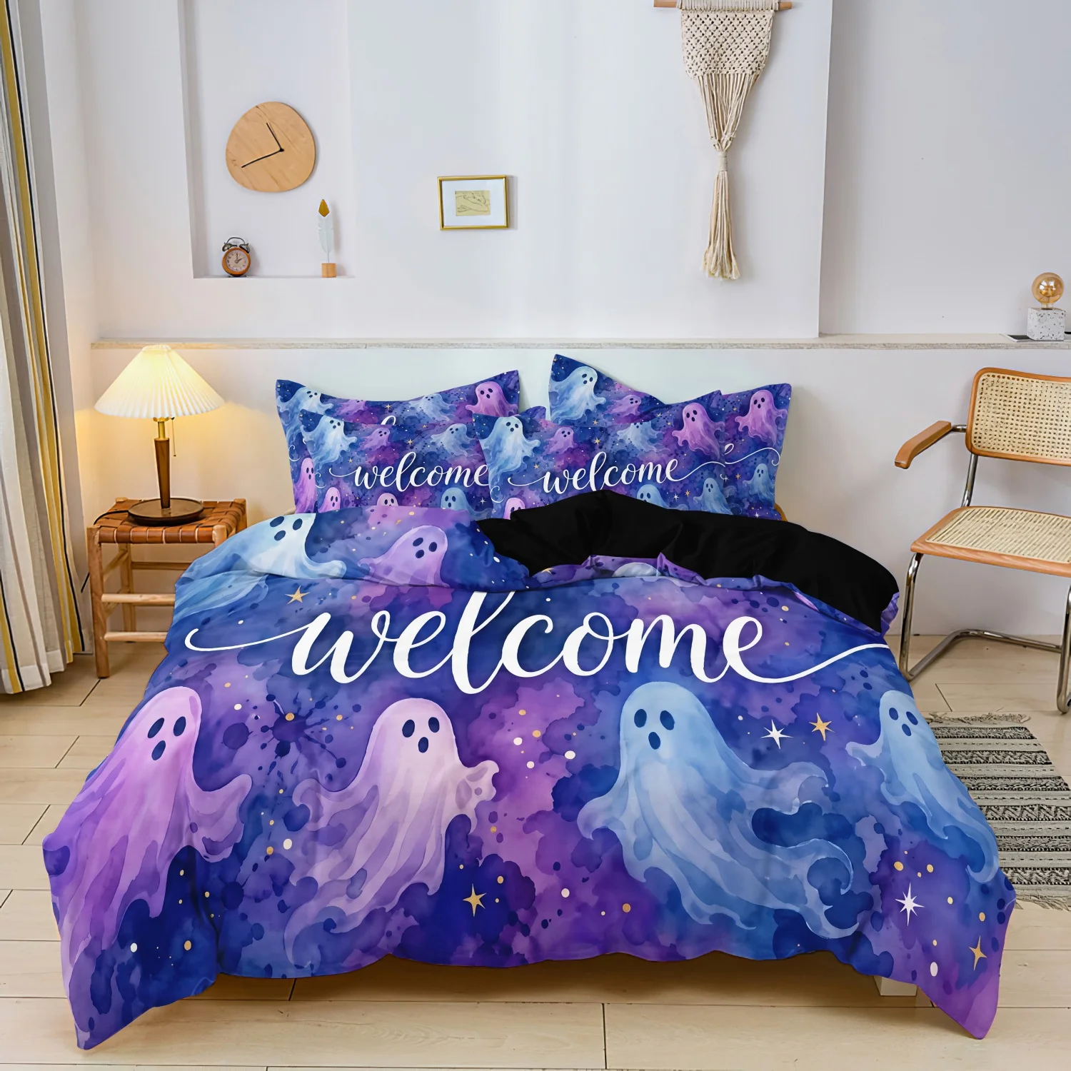 3 Pieces Watercolor Purple Blue Ghost Print Duvet Cover Set, Welcome Slogan Cute Ghost Star Galaxy Watercolor Print Bedding