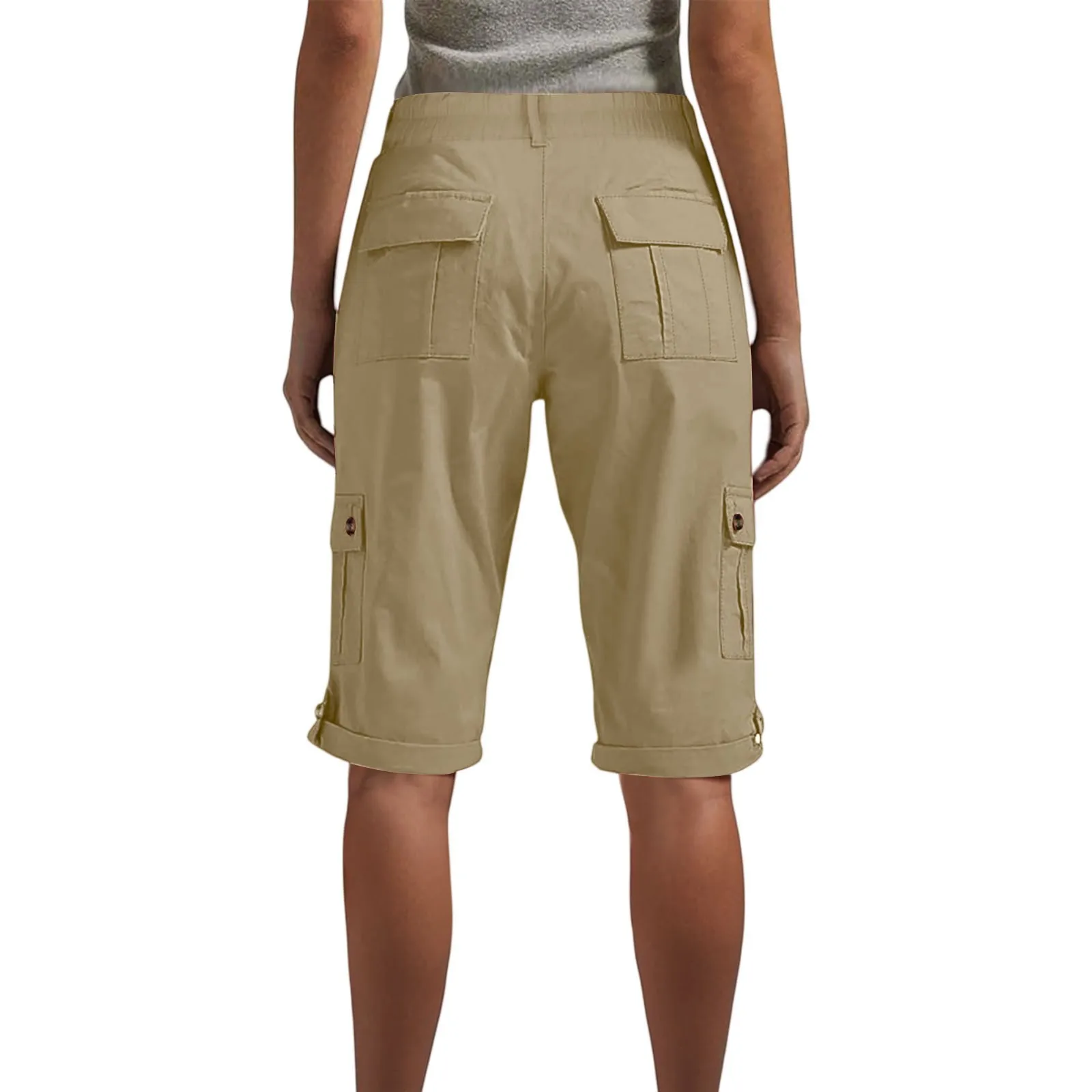 المرأة السراويل البضائع الأنيقة الربيع الصيف موضة عادية بلون متعدد جيب وزرة ضئيلة مستقيم الساق خمسة أرباع السراويل