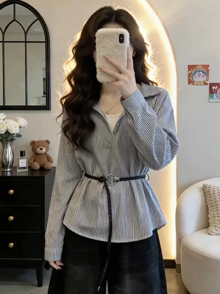 

Women's Shirt Striped Color Block Slimming Design Spring New Style Vintage Straight Cut Long Sleeve Casual Top
