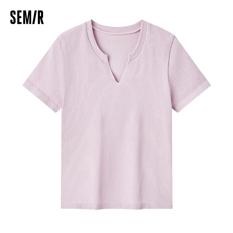 Semir Women's Simple Solid Color Short Sleeve Top Slimming V-Neck Base Soft and Gentle Wearable Top