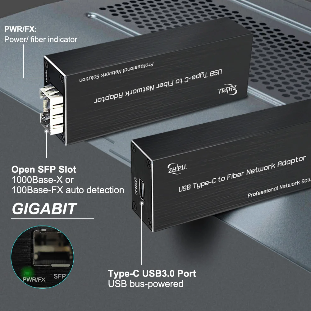USB C to Fiber Network Adaptor, USB3.0 Type C to 100/1000base-X SFP Gigabit Network Card, Supported for Windows, macOS and Linux - Detail 1
