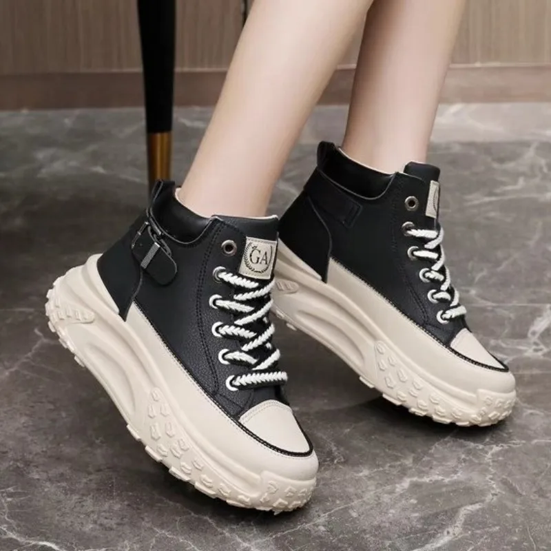 2024 Summer High Gang White Shoes Female Heightening Sports Leisure Board Shoes Leather Fashion Canvas Lace Up Women Sneakers