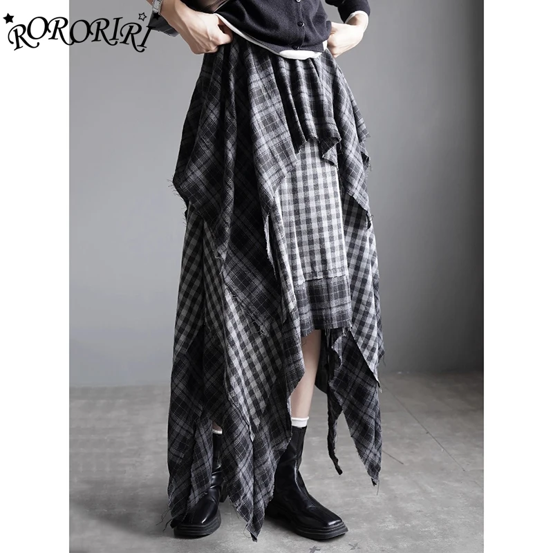 RORIRI القوطية غير المتكافئة طبقات تنورة منقوشة خمر مرونة الخصر فلوي كشكش الخام حافة تنورة طويلة كبيرة الحجم النساء الملابس #1