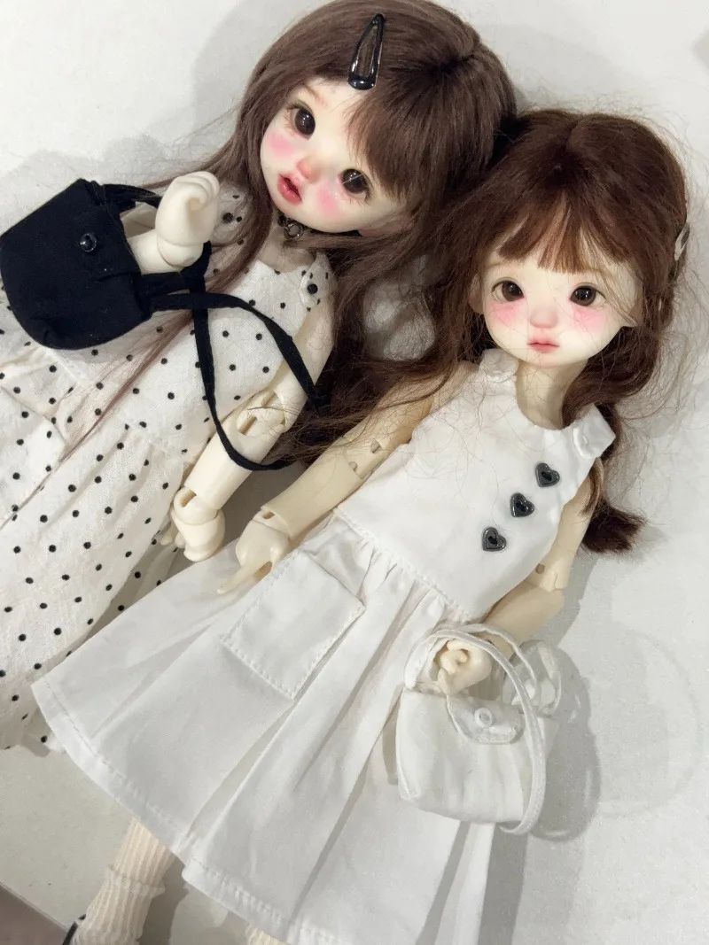 Doll Outfit Set For 1/6 BJD Doll Fit Regular 1/6 Body Polka Dot Overlay Skirt And Puff Sleeve Inner Top Doll Replacement Clothes