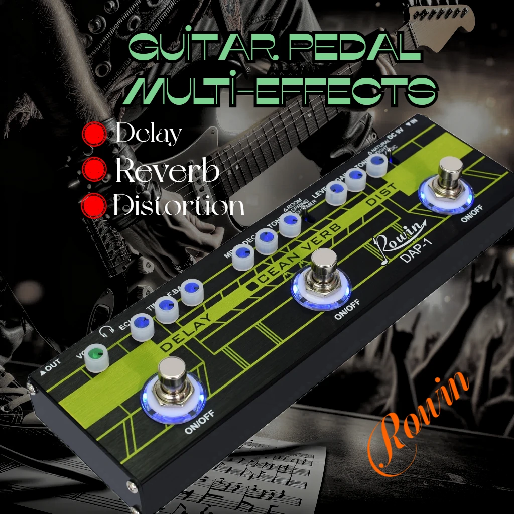 Rowin Multi Effect Pedal Electric Guitar Bass Effector Pedals 3 in 1 Effects Delay Reverb - Ocean Verb Distortion DAP-1