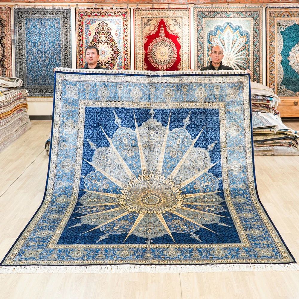 244x305cm Big Turkish Silk Classic Rug Traditional Blue Silk Hand Knotted Carpet