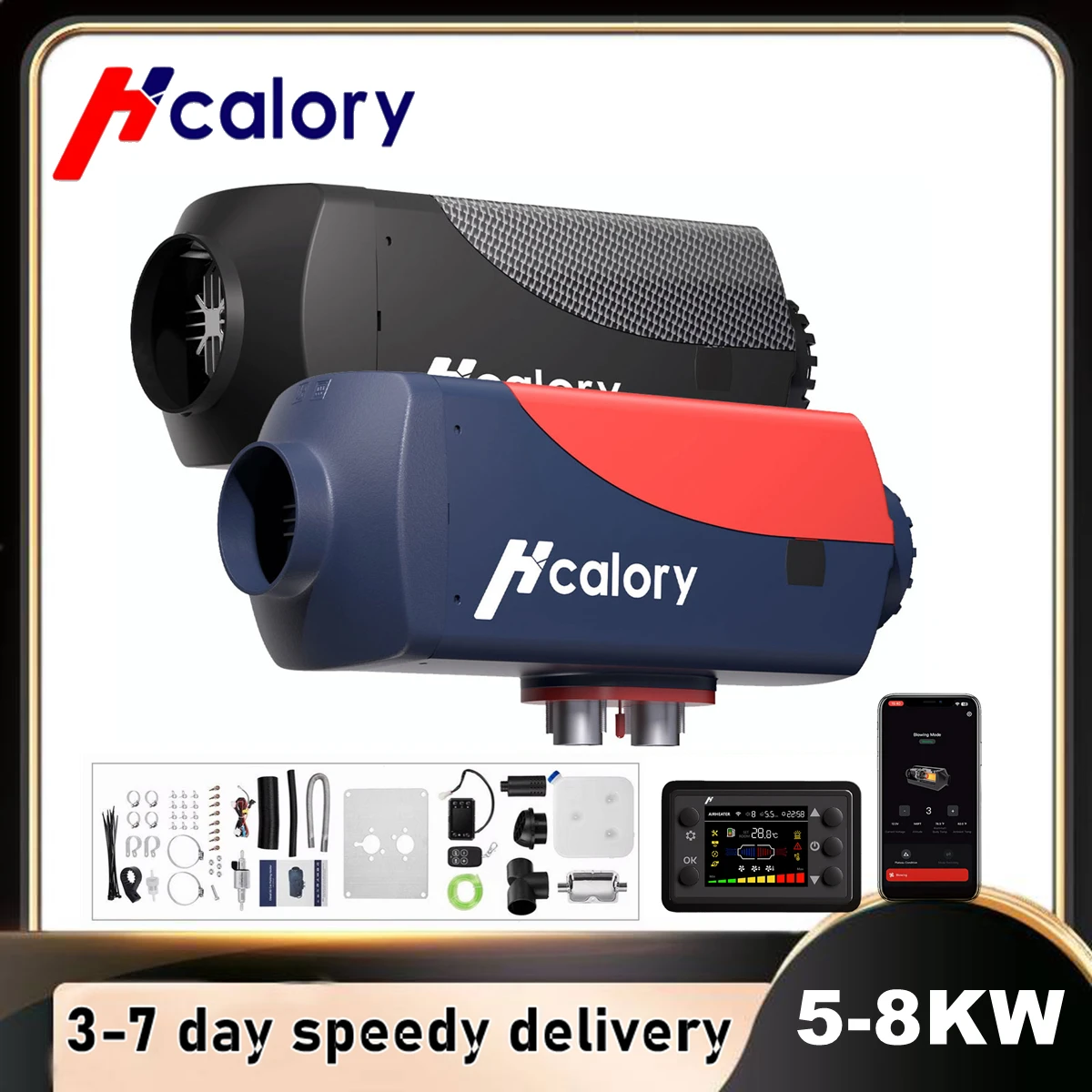 Hcalory 12V/24V Diesel Parking Heater 5-8KW Split Air Heater with LCD Panel Remote Control And Smart App Control for Cars