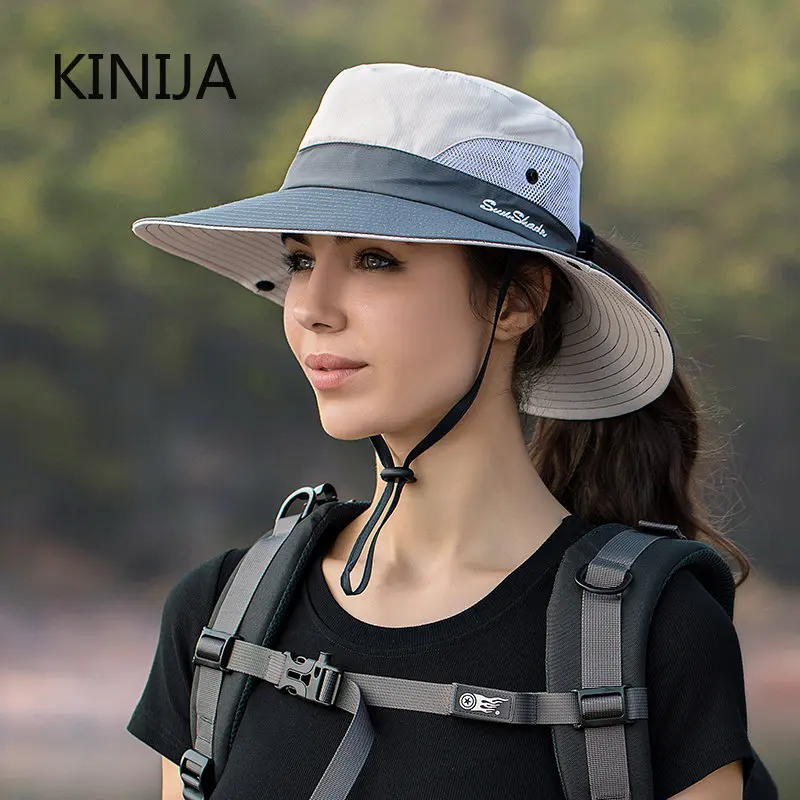 Women Ponytail Fisherman Hat Waterproof Sun Cap Pure Color Outdoor Travel Fishing Climbing Hiking Large Brim Bucket Hat Fashion