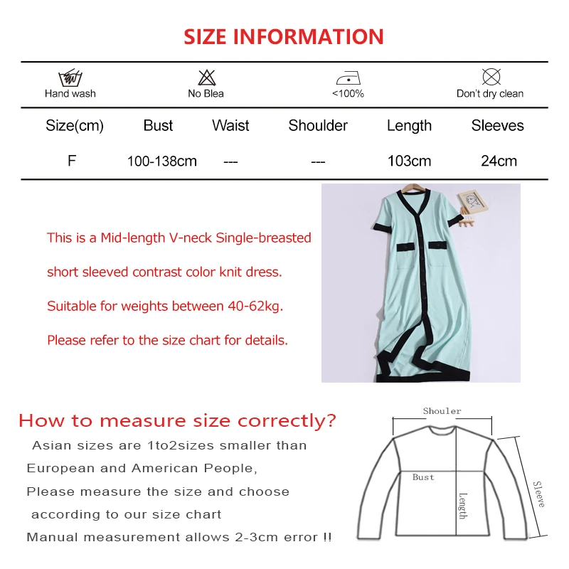 Women Summer Vintage V-neck Single-breasted Dress Patchwork Pocket Short Sleeved Knit Dress Loose Casual Simple Mid-Length Dress