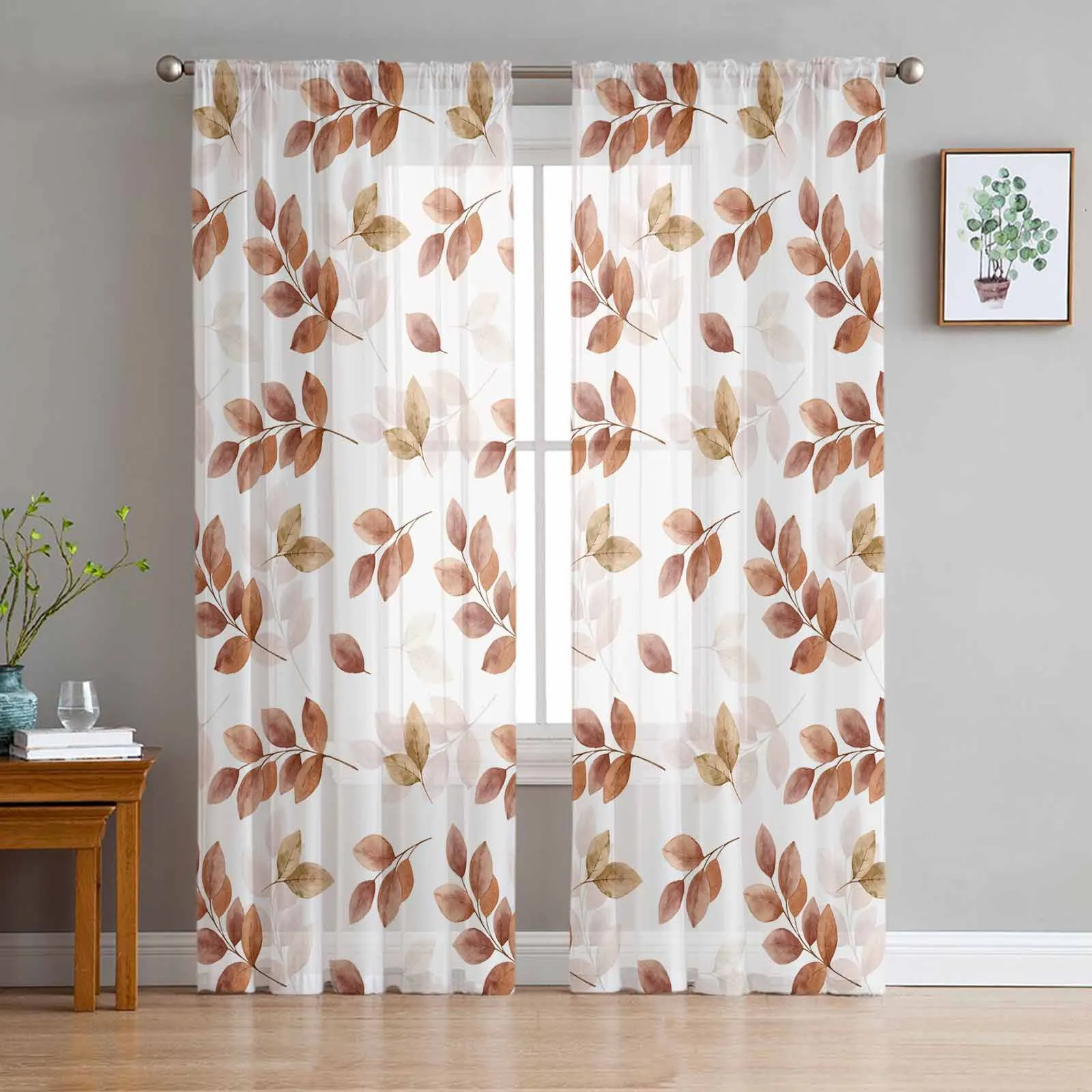 Autumn Eucalyptus Leaves Plant Window Tulle Curtains for Living Room Kitchen Modern Window Treatments Voile Curtains