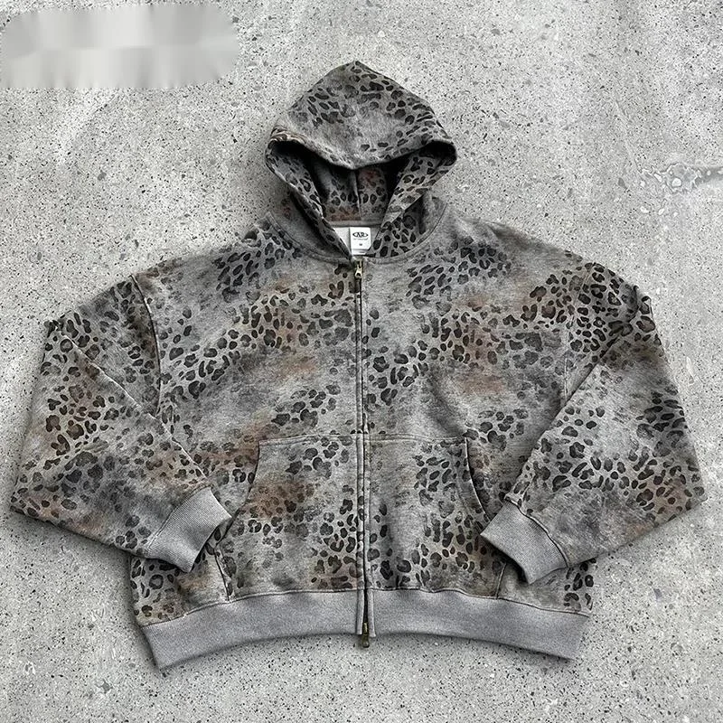 Hoodie Streetwear Men's Leopard Print Washed Grey Zip Up Oversized Fit Casual Daily Premium Cardigan Sweatshirt Top IH1L