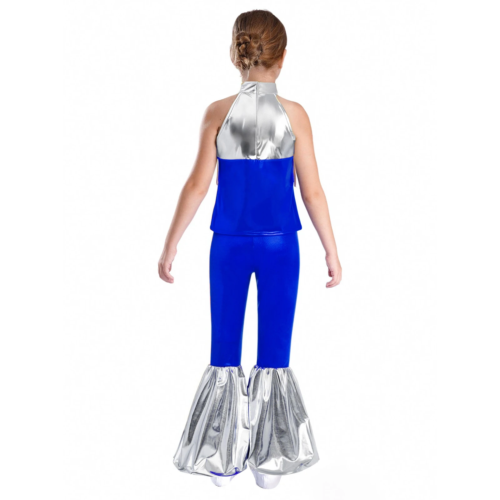 ชุดเต้นดิสโก้ยุค 70 สำหรับเด็กผู้หญิง เสื้อครอปท็อปประดับเลื่อมและพู่โลหะ + กางเกงขาบานทรงระฆัง ชุดเต้นแจ๊สสำหรับงานฮาโลวีนและงานคาร์นิวัล