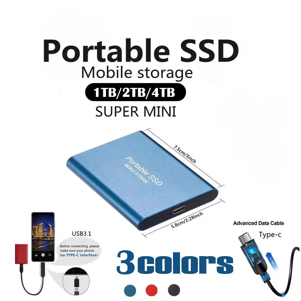 256TB Portable SSD High Speed External Hard Drive USB3.1 Type-C Interface Hard Disk Solid State Drive Mass Storage for Laptop/PC