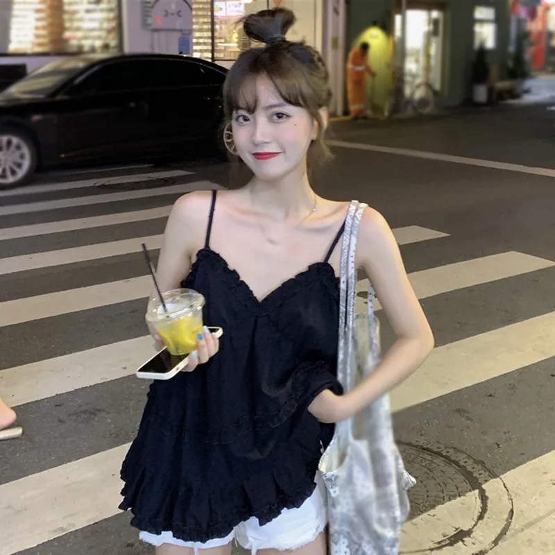 

Women's Suspender Top With Solid V-Neck And Wooden Ear Edge Sweet And Casual Sleeveless Suspender Top Cool Summer Suspender