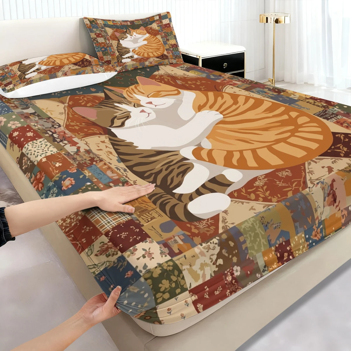 Retro Mixed Floral Patchwork Kitten Fitted Sheet 3PCS, Cuddling Couple Ginger Tabby Cat Pattern Elastic Mattress Cover
