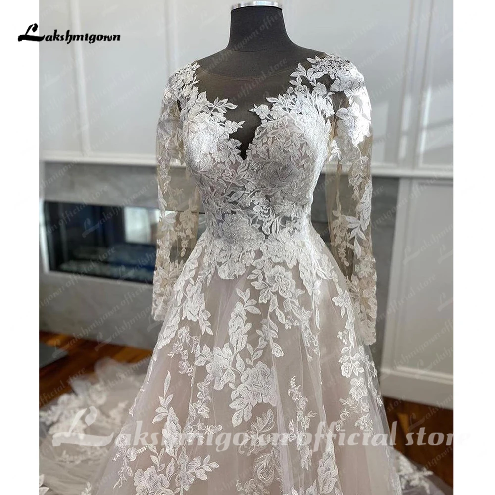 Gorgeous Long Sleeves Full Lace Wedding Dress Modern A-line  Applqiues Bridal Gown Elegant Long Tulle Bride Dresses