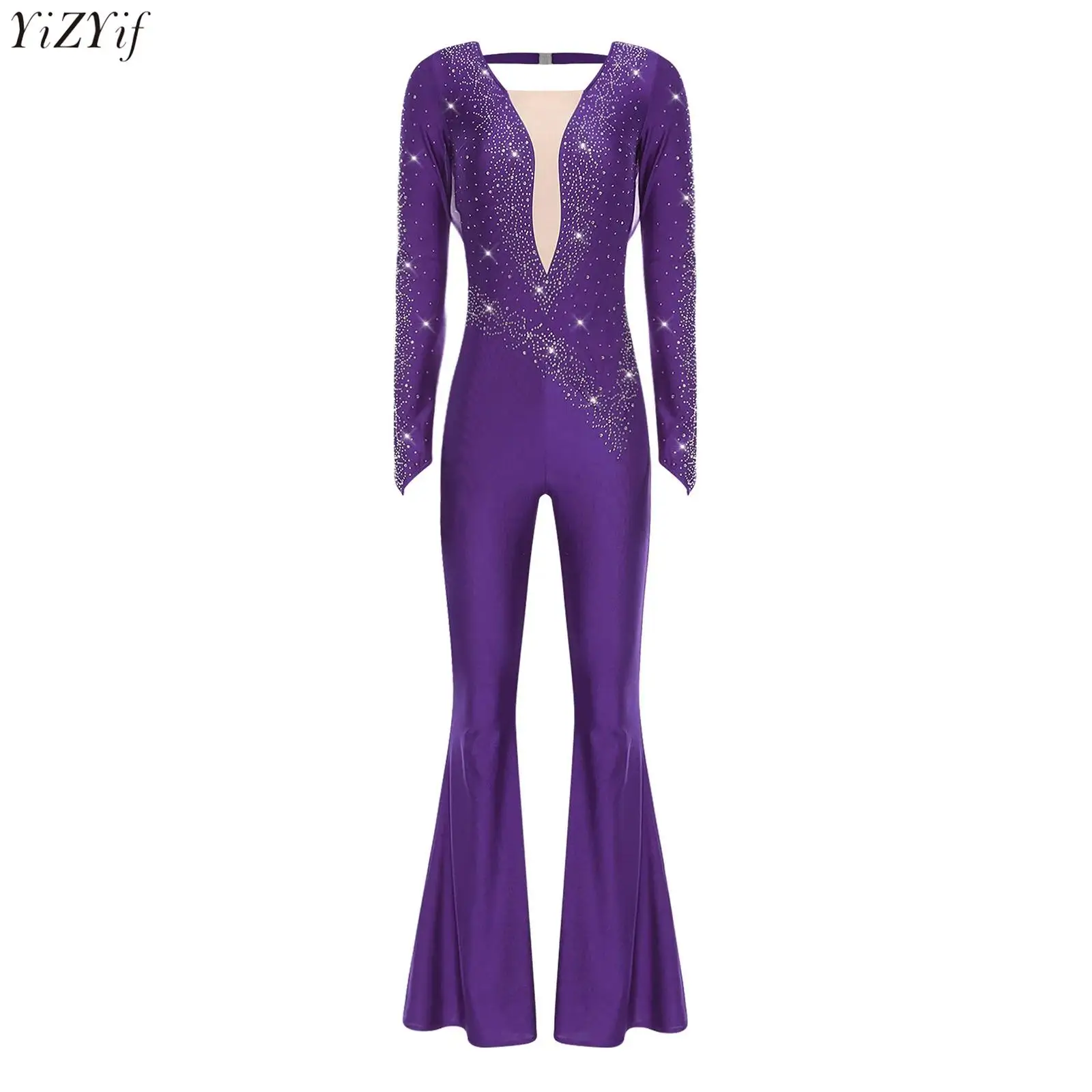 

Womens Glittery Rhinestone Cha-cha Latin Dance Rompers Long Sleeve Ruched Mesh Overlay Bell Bottom Long Pants Jumpsuit Dancewear