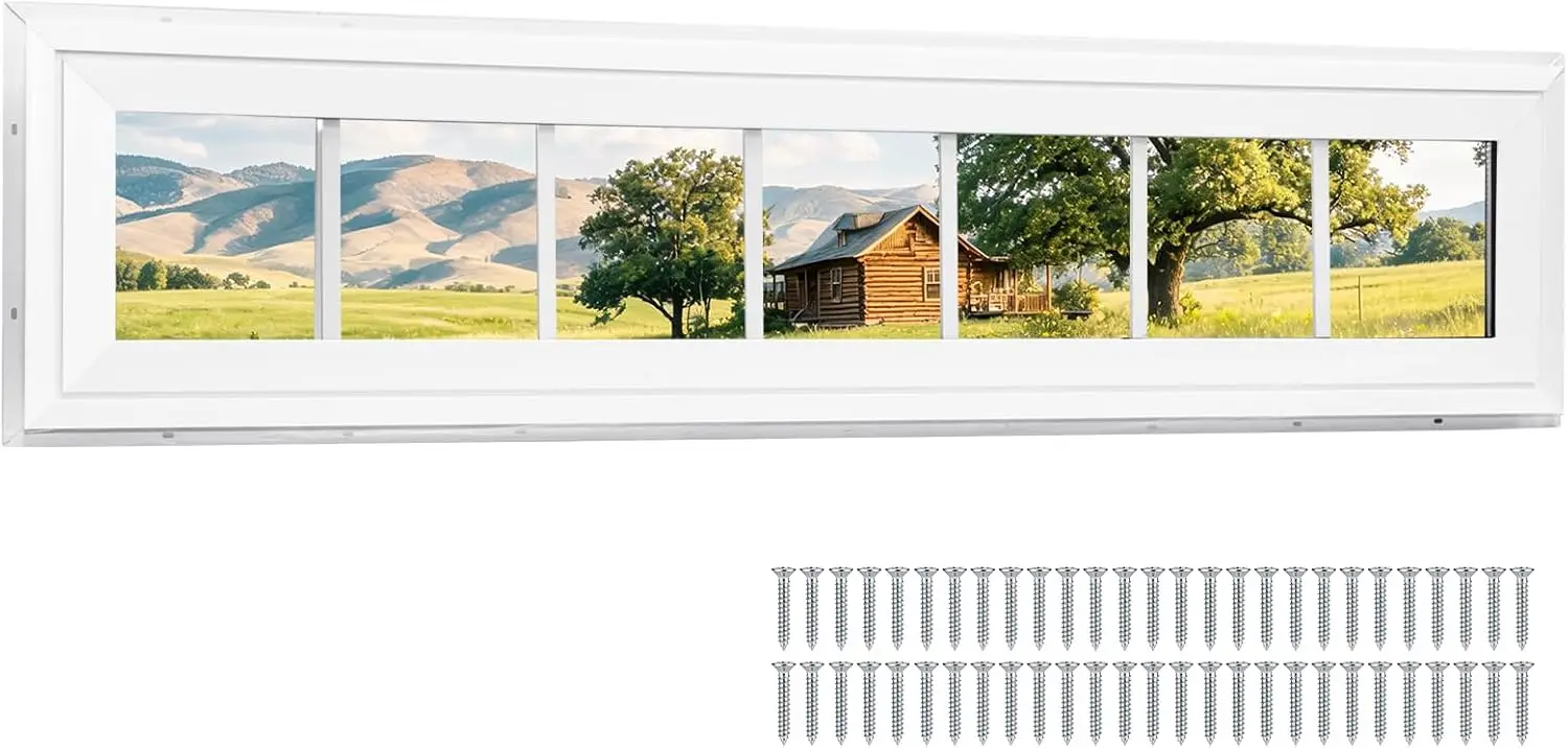 Vinyl Transom Window, 10" x 48" Fixed Glass Household Windows with Grids and Dual-pane Tempered Glass for House, Shed, Doors, Ga