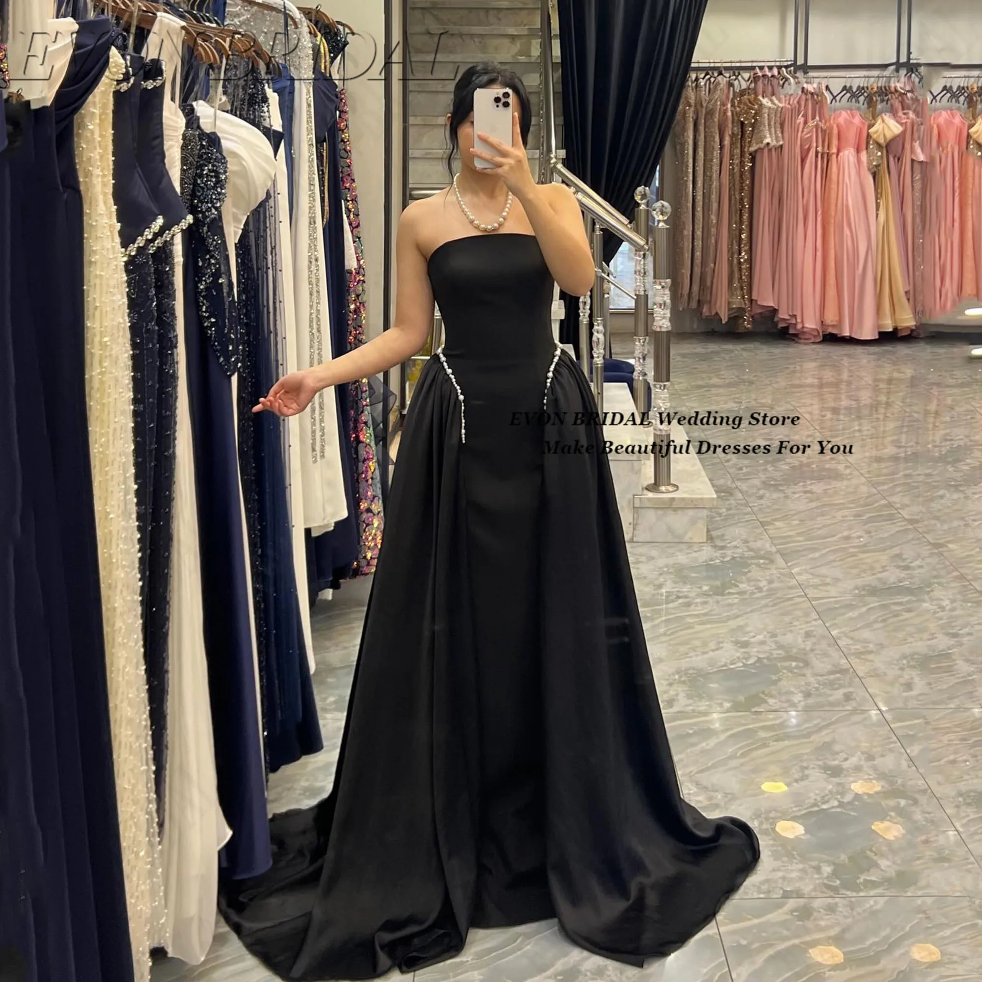 

Вечернее платье без бретелек со складками и жемчугом, атласное платье трапециевидной формы для выпускного вечера на заказ, классическое длинное платье без рукавов EVON BRIDAL для свадебного гостя