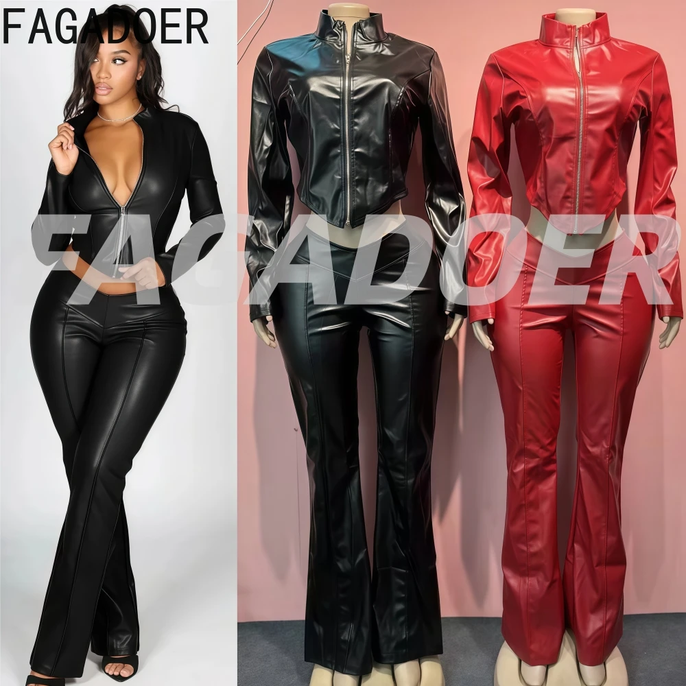 

FAGADOER Fashion Leather Patchwork Woman 2 Piece Set Outfit Solid Color Long Sleeve Crop Jacke and Leggings Female Streetwear