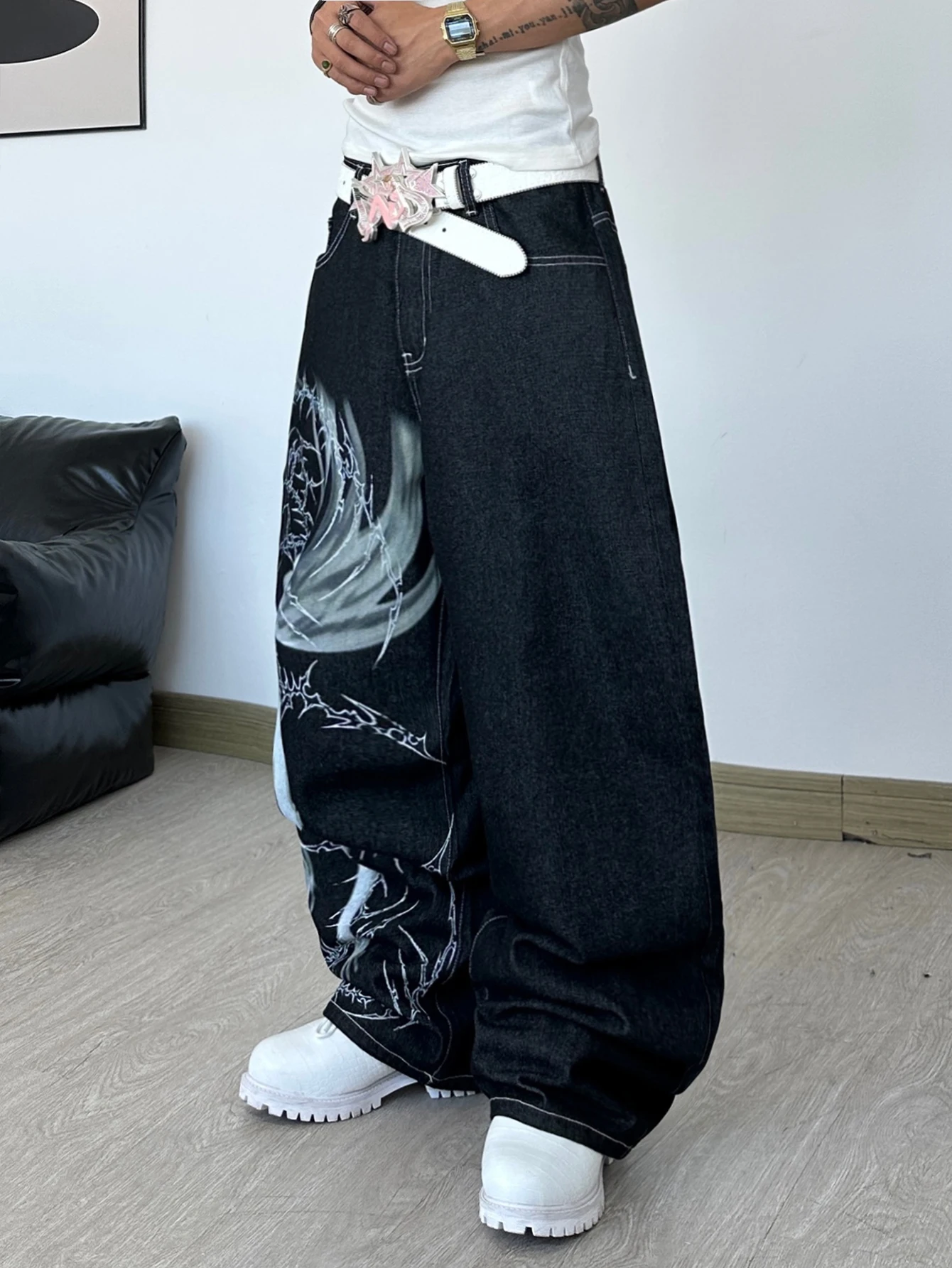 Men's High Street Dark Anime Character Thorn Print Black Baggy Wide-Leg Jeans Y2K Street Hip-Hop Punk Fashion Versatile Pants view 6