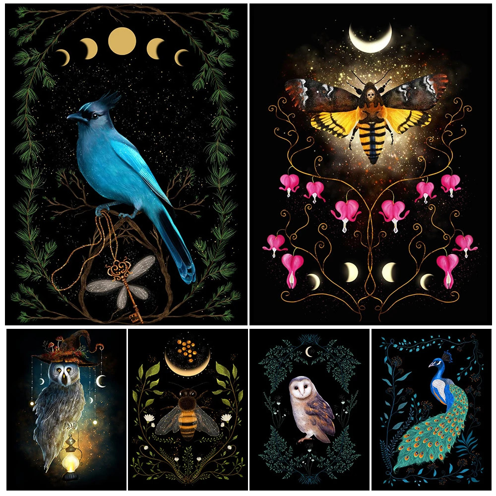 

Deaths Head Moth And Honey Bee Magic Abstract Wall Art Canvas Print Enchanted Forest&Moon Phases Art Poster Print Home Decor