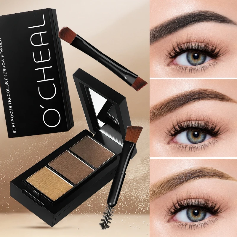 3色のアイブロウパウダー、色持ちが良く、ウォータープルーフ、塗りやすい、初心者にも適したナチュラルなメイク効果