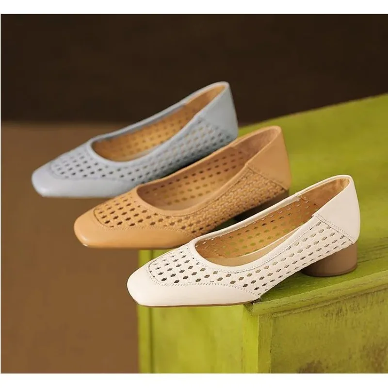 2025 New Style Elegant Open Toe High Heel Women's Summer Leather Square-Toe Low Heel Shoes