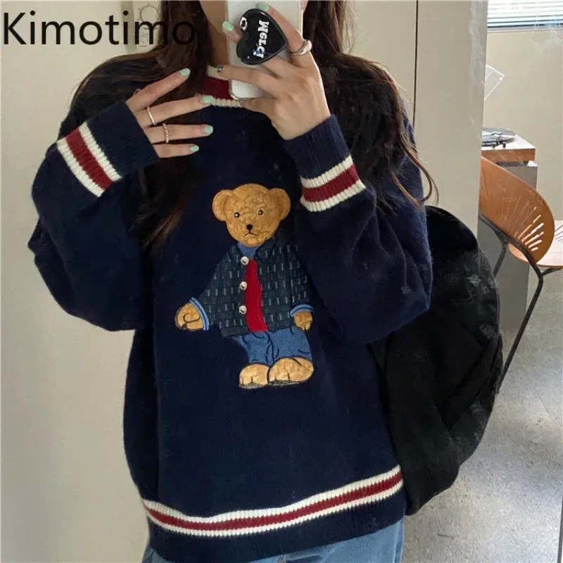 Kimotimo Cute Bear Jacquard Sweater Women Autumn Winter Contrast Color O-neck Loose Pullover Fashion Lazy Knitted Tops Vintage