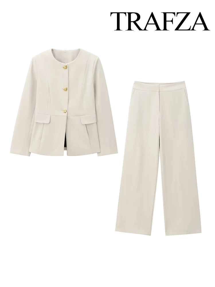 HH Set da 2 pezzi alla moda da donna Versatile giacca slim fit con scollo tondo + Pantaloni dritti casual eleganti con cerniera High Street