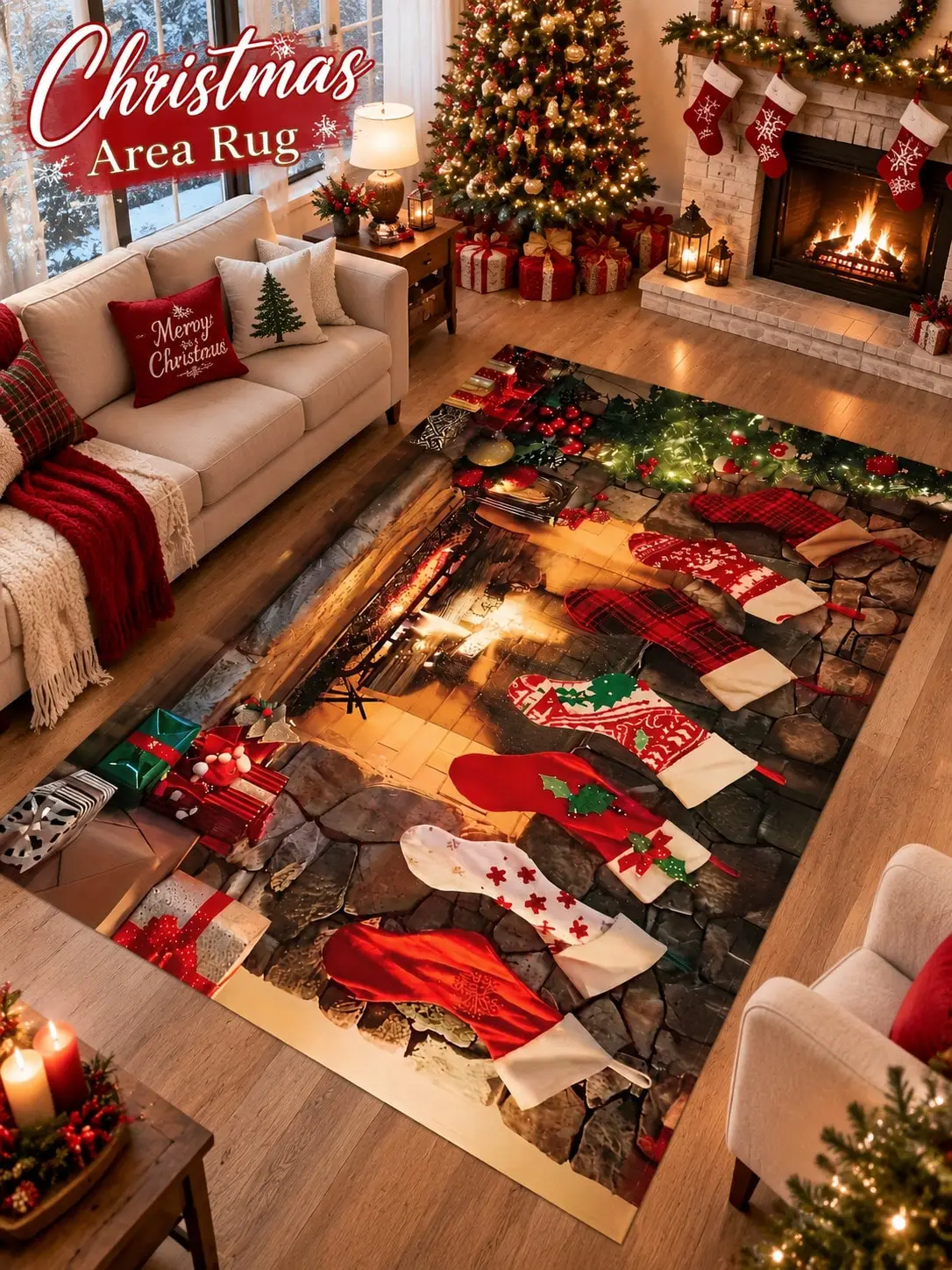 Christmas Rug Fireplace Stockings Garland Living Room Bedroom Entryway Hallway Floor Carpet Gift for Family Friends Neighbors Winter Thanksgiving Birthday Anniversary Housewarming Apartment Cabin Farmhouse Home Styling Sofa Side Reading Nook