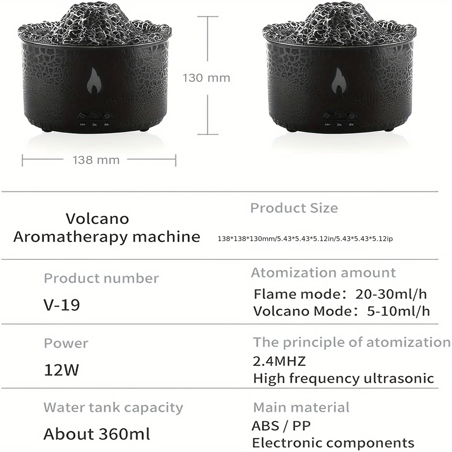 For LED Aroma Diffuser 2 Oil With Humidifier, Modes,  Portable Essential Shut-Off, Color Flame - Volcanic Ideal Night Auto Light