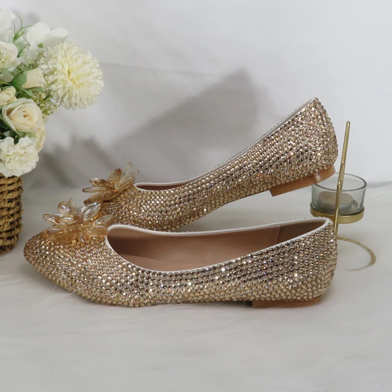 

BaoYaFang Beige pearl Crystal womens wedding shoes Flat big size female shoes real leather insole woman shoes Bridal party shoes