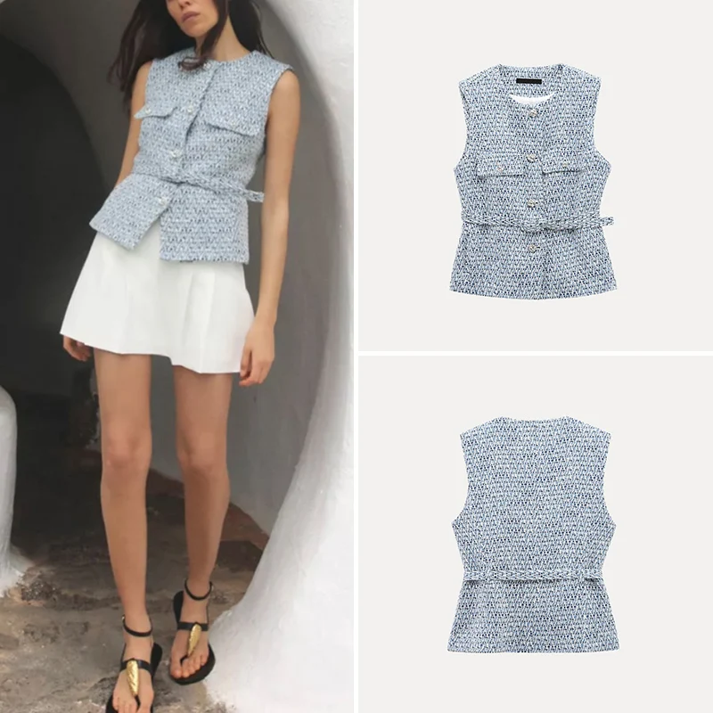 Faionable Weste mit Metallfarbstruktur, 2025, Frühjahr, neue Damenbekleidung mit passendem Gürtel, ZDATA-Polyesterfaser, 00 %