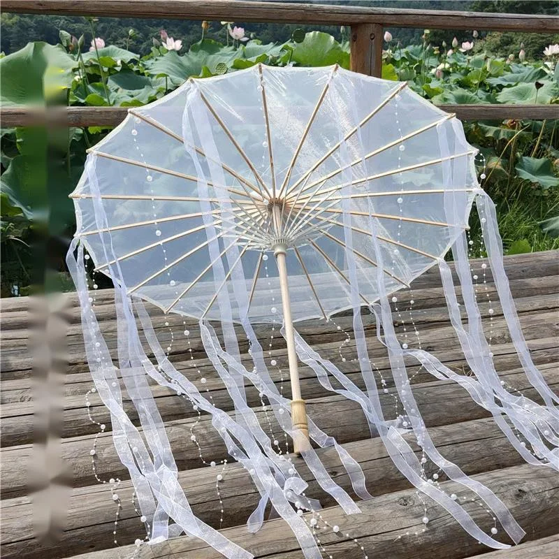 Sombrilla Transparente Estilo Hanfu con Cintas, Accesorio para Disfraces de Hadas, Ideal para Fotografía de Estilo Antiguo, Parasol Decorativo