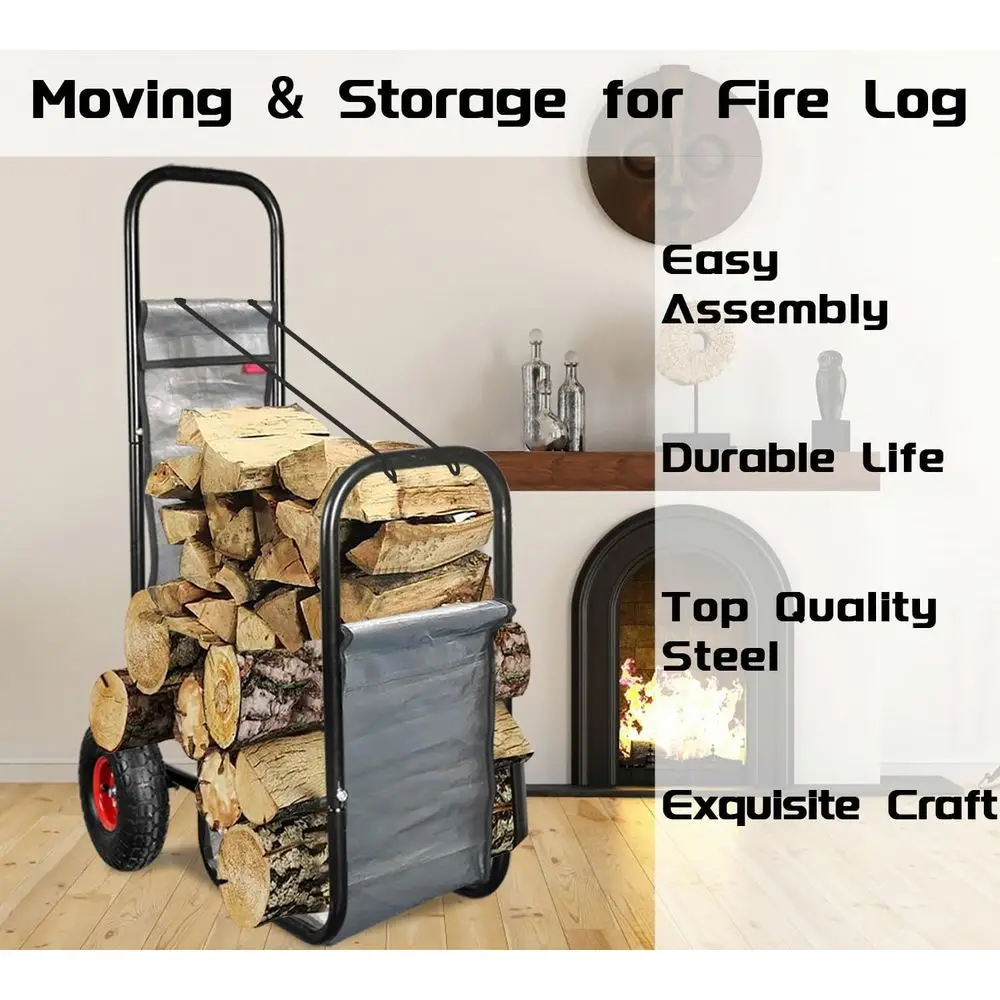 Chariot à bois de chauffage robuste d'une capacité de 220 lb, pneus pneumatiques, idéal pour les cheminées extérieures