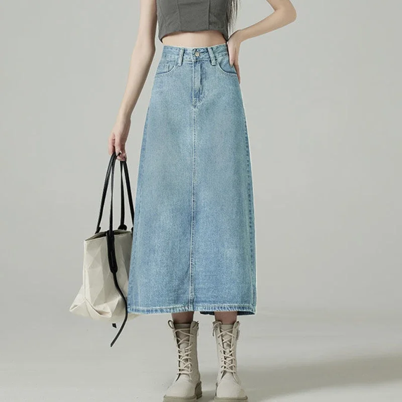 تنانير نسائية من قماش الدنيم بفتحة خلفية ميدي ملابس خروج فضفاضة عتيقة أنيقة على شكل حرف a نمط كوري غير رسمي للسيدات ربيع Faldas بسيط