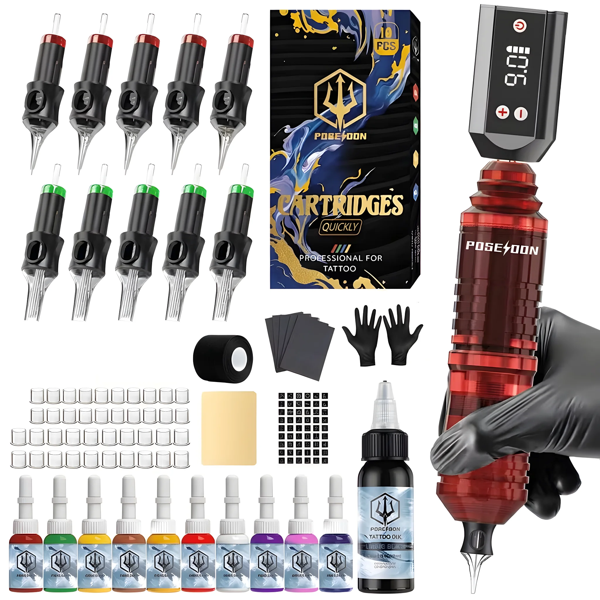 POSEIDON Tattoo Tools Red Pen Kit Wireless Tattoo Gun Kit With Tattoo Power Supply And 10pcs Tattoo Cartridge Needles Complete Tattoo Kit Tattoo Supplies For Beginners
