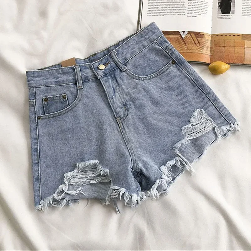 Summer Girls Fashion Solid Color Denim Shorts Lady Sexy Casual Mini Pants Women Chic Raw Edge High Waist Short Jeans