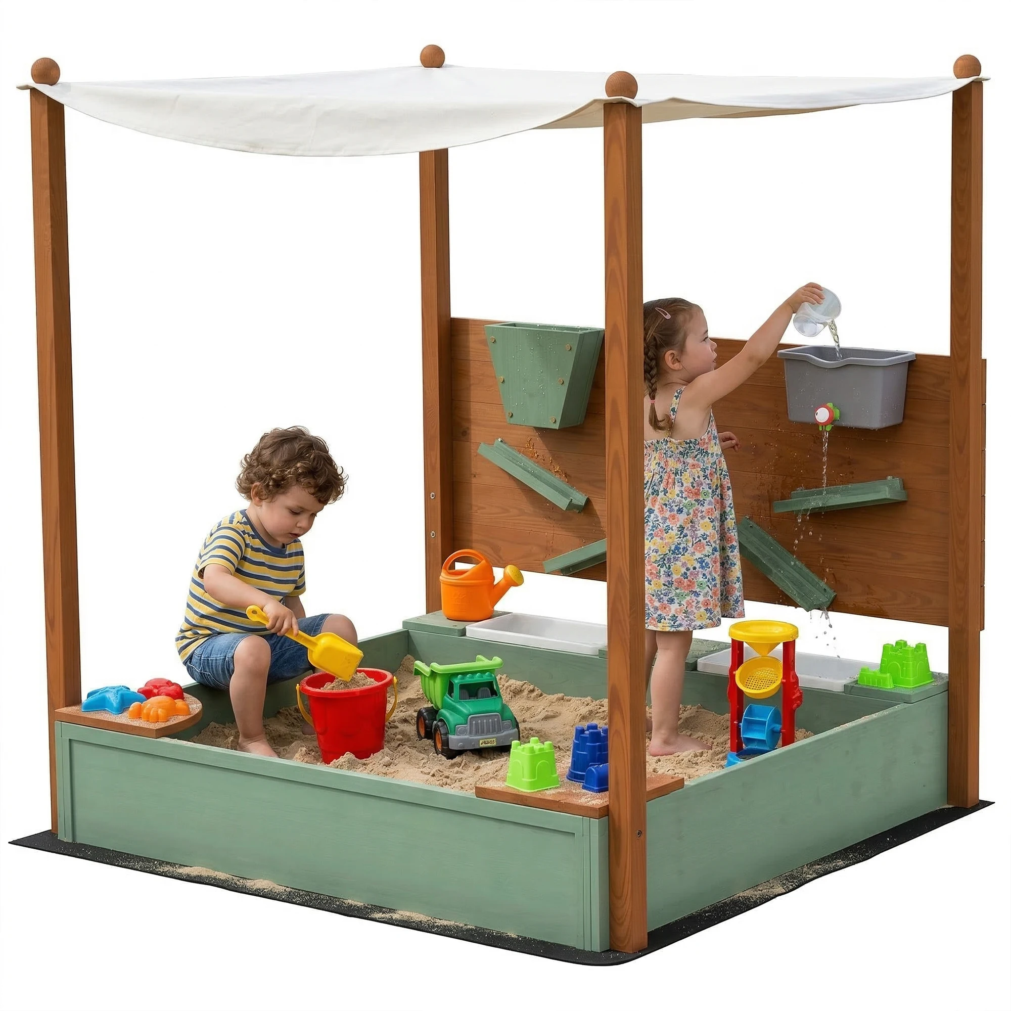 AIYAPLAY Arenero para Niños de Madera con Techo Arenero Infantil con 2 Asientos 2 Cajas Grifo Embudo 116x112,5x128 cm Verde