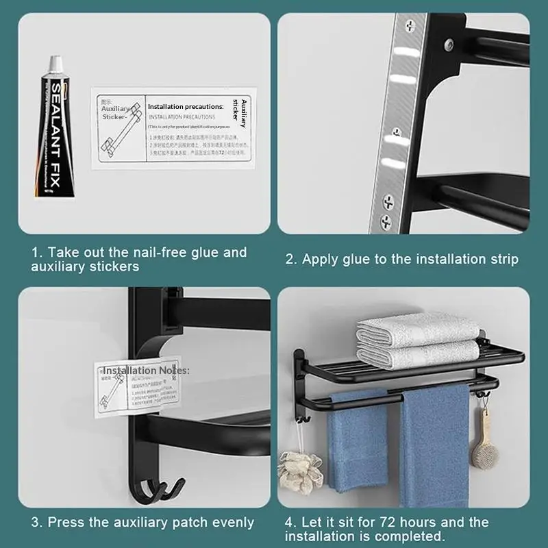 Drill-free Self Adhesive Towel Rack Waterproof Rustproof Wall Mount Bath Towel Holder for Bathroom Kitchen