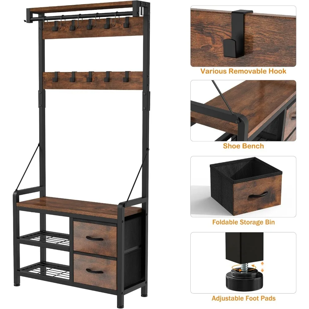 Hall Tree, 31” Entryway Bench with Coat Rack freestanding, 5 in 1 Intelligent Design Shoe Bench and Wall Rack 17 Hooks