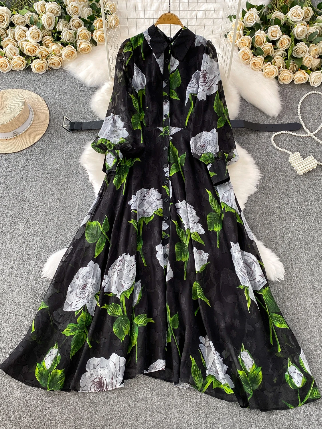 Ele Long Sve Floral Print Dr Women's Spring Autumn Single Button Waist Cinched Maxi Dr Commute Sle High Waist