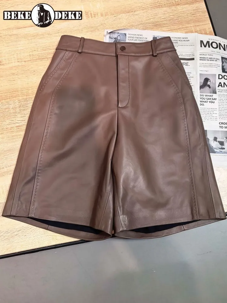 

Top Quality Female Concise Style Solid Color High Waist Genuine Leather Shorts Loose Sheepskin Pocket Button Short Trousers