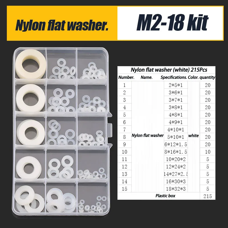 M2-18 Kit White 215pc Nylon Washer Flat Gasket M3-12 Kit Black 110pc Screw Rubber Gasket Sealing Hard Washers