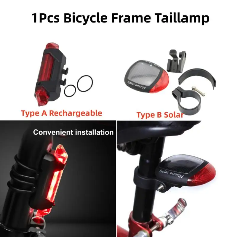 USB Rechargeable Or Solar Bike Rear Light Back Seat Frame Taillight Easy to Install 3 Modes wARNING Lighting Accessories For Mou